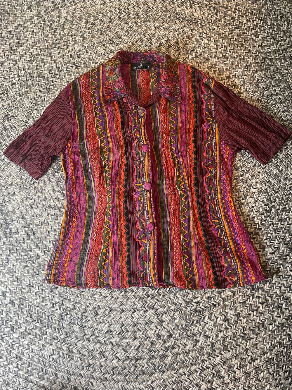 Carole Little Burgundy Short-Sleeve Button-Front Top with Multicolor Stripes